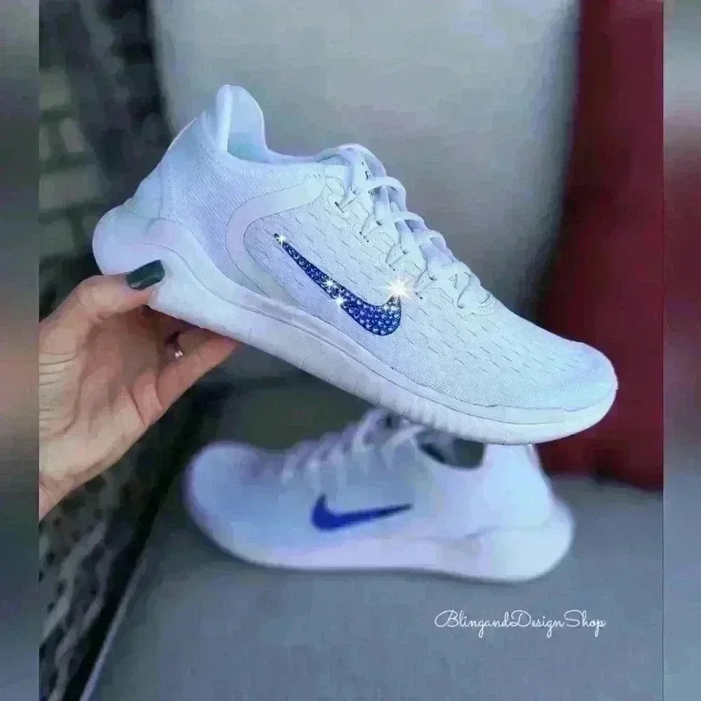 Bling Nike Women's Rn 2018 Sneakers Customized with Blue Crystals
